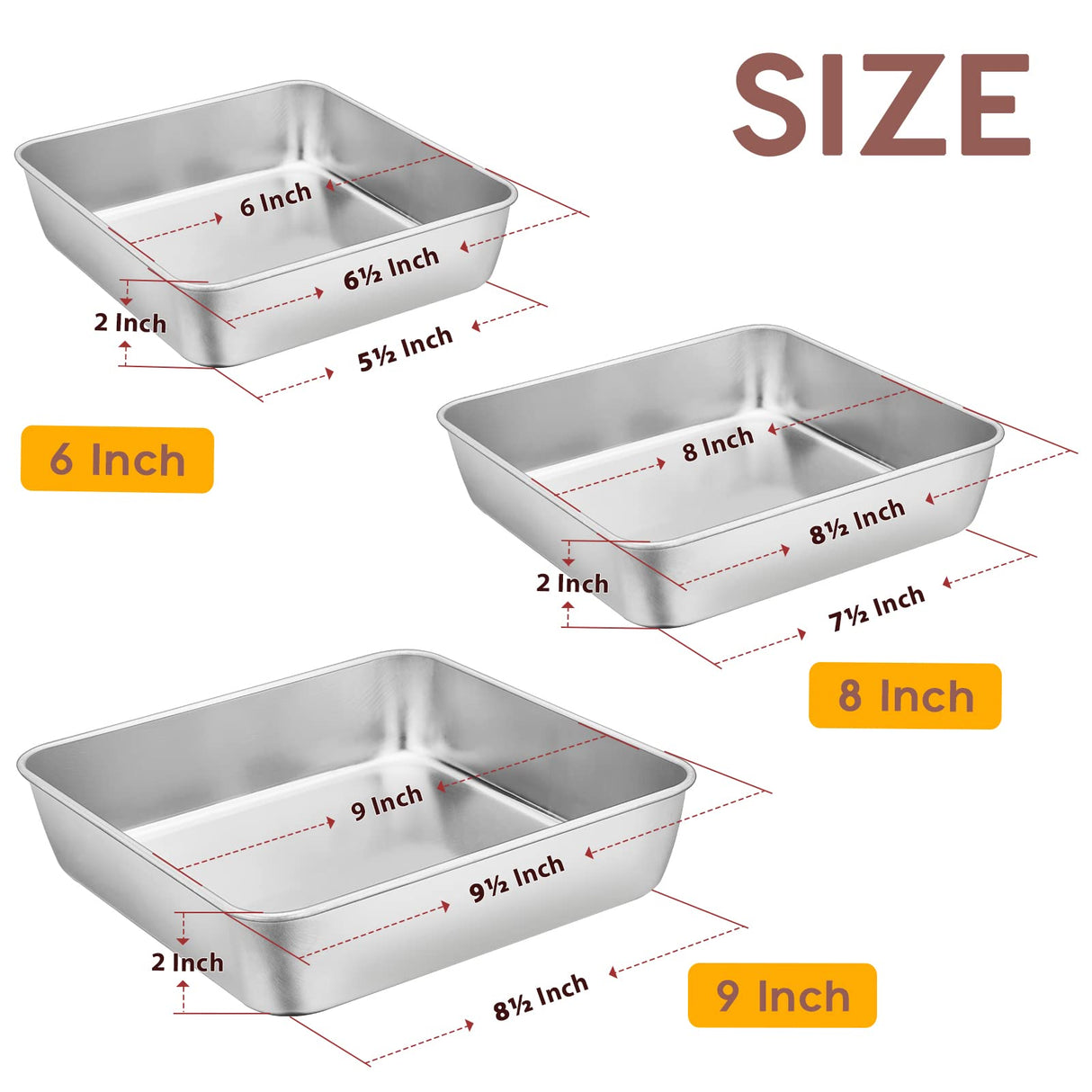 E-far 6/8/9-Inch Square Cake Pan Set, Stainless Steel Square Baking Brownie Pans Metal Bakeware Set of 3, Non-toxic & Healthy, Easy Clean & Dishwasher Safe E-far
