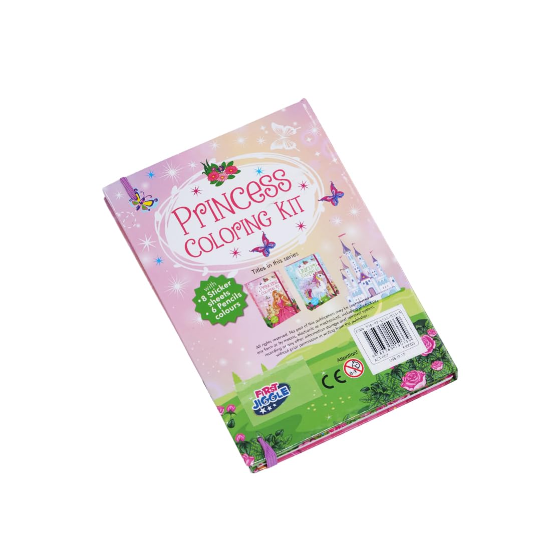 FIRSTJIGGLE Princess Colouring Art Kit for Girls Age 3 4 5 6 7 8 Old | 48 Pages & 8 Sticker Sheets | 6 Color Pencils | Magical Princess Scenes | Creative Activity Book for Fun, Learning and Gift FIRSTJIGGLE