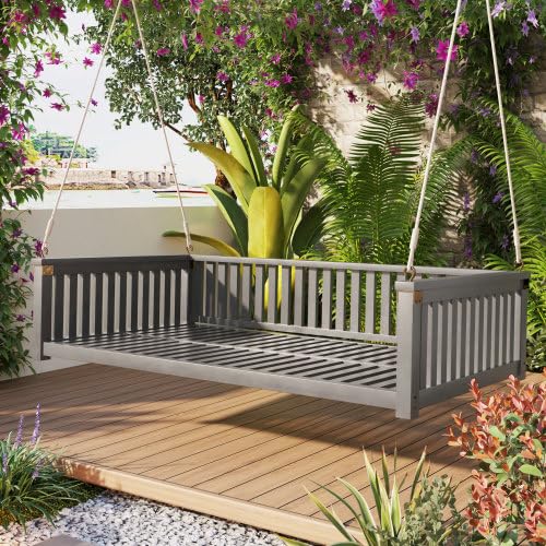 Porch Daybed Swing Outdoor Wooden Swing Bench, Patio Hanging Swing Chair Swinging Bed for Garden, Backyard, Deck, Grey NCKMYB