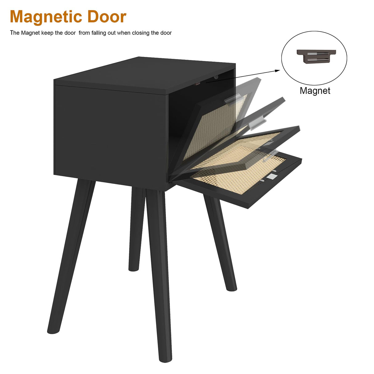 LAATOOREE Nightstand Set of 2, Small End Table with Rattan Door, Bedside Table with Solid Wood Feet, Boho Side Table for Bedroom Living Room Small Space - Black LAATOOREE