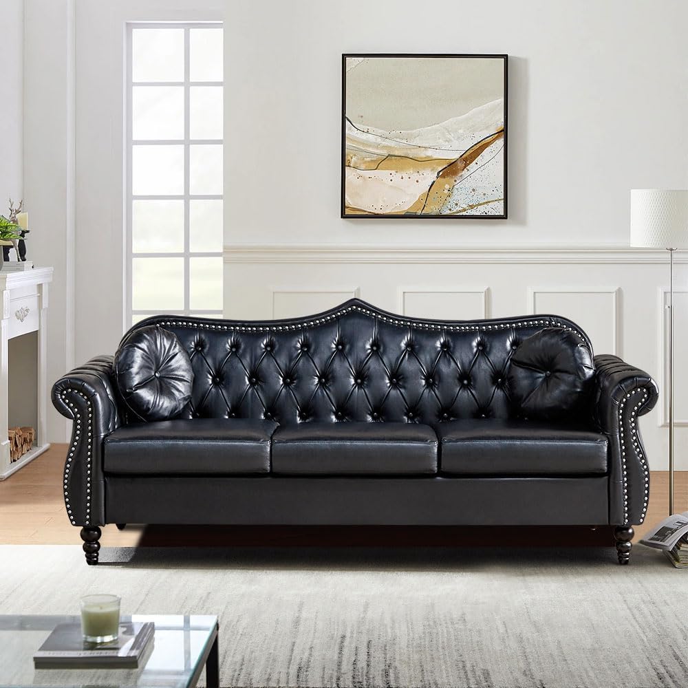RUSTYER Chesterfield Three Seater Sofa, Mid-Century Modern Faux Leather 3-Seater Upholstered Couch, Tufted Living Room Sofa with 2 Pillows and Button Nailhead, Black RUSTYER