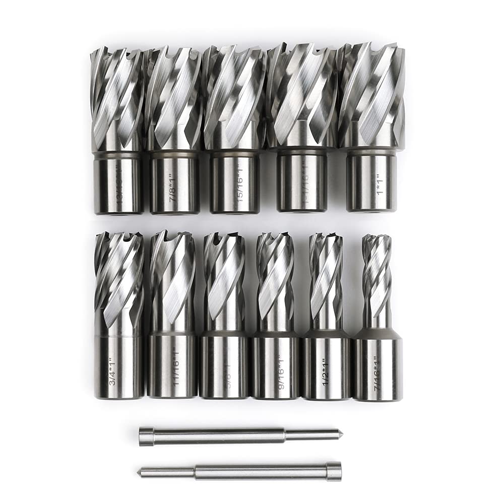 OSCARBIDE Annular Cutter Set 13pcs 3/4"Weldon Shank 1"Cutting Depth and 7/16 to 1-1/16 inch Cutting Diameter Mag Drill Bits for Magnetic Drill Press with 2 pcs Pilot Pins OSCARBIDE