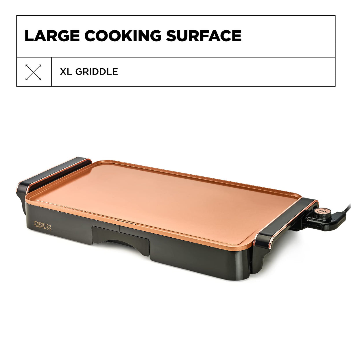 CRUX Electric Griddle with Nonstick Ceramic Coating, Cool-Touch Handles, and Slide-Out Drip Tray - Indoor Grill for Breakfast, Eggs, Pancakes, and Burgers Crux