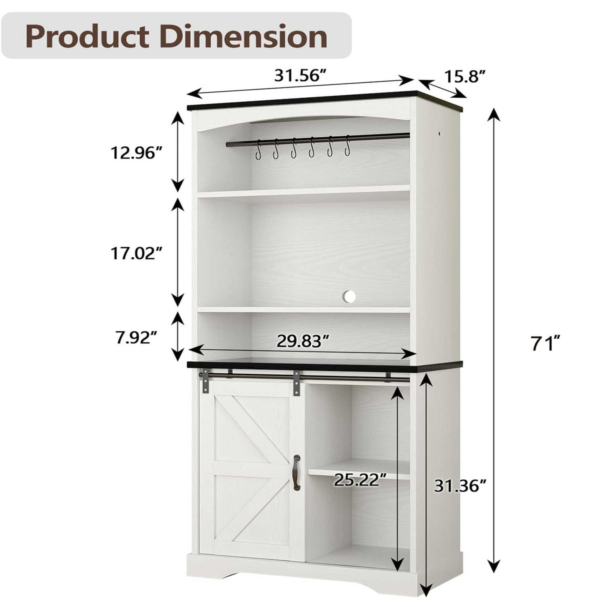 4ever2buy Farmhouse Tall Coffee Bar with Tall Hutch, White Coffee Bar Cabinet with 3 Tier Shelves, 70 Inch Buffet Cabinet with Sliding Barn Door and Adjustable Shelves for Living Dining Room 4ever2buy