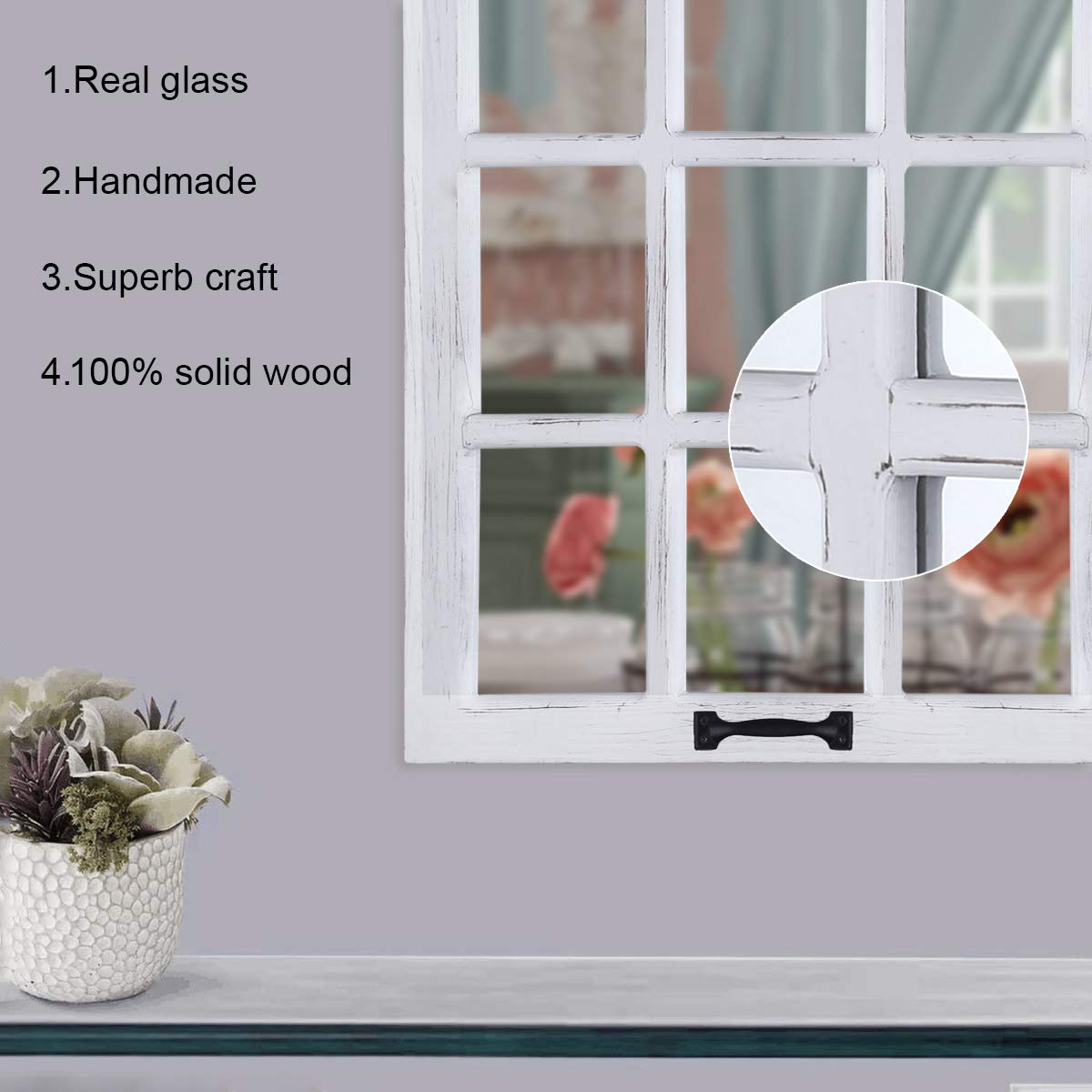 LOSOUR Decorative Wall Mirror-Distressed Wood Windowpane Mirror- Farmhouse Mirrors for Wall with Hanging Hardware for Bedroom Living Room Bathroom Kitchen (1, 18Wx23L) LOSOUR