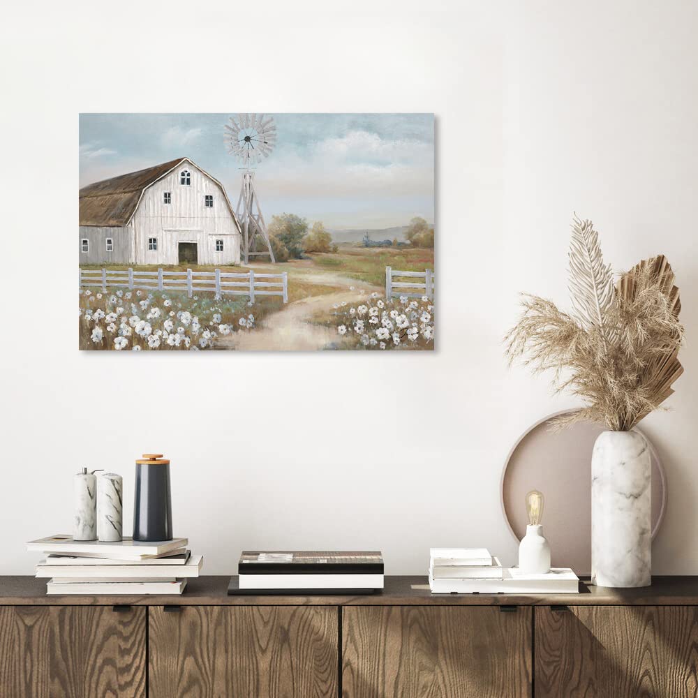 Barn Prints Farmhouse Old Barn Wall Art Handpainted Barn Painting Barn and Flowers Wall Decor Rustic Bedroom Wall Decor Farmhouse Barn Windmills Art for Bathroom Bedroom Living Room Framed Ready to Hang(24"x 16" ) Kunstorner