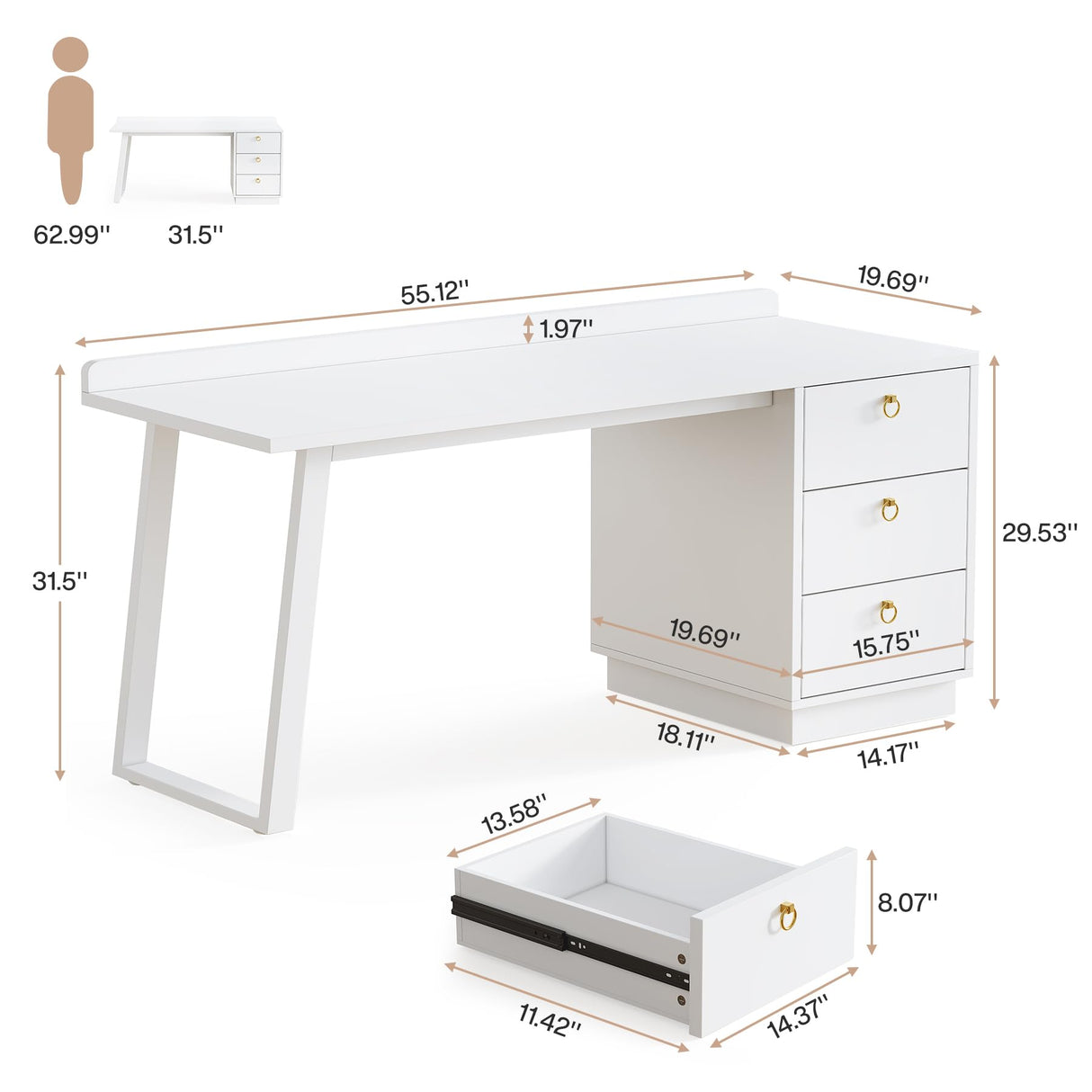 Tribesigns White Computer Desk with Drawers: 55 Inches Modern Home Office Desk with Storage, Small Wood Study Writing Work Table Workstation for Bedroom, White and Gold Tribesigns