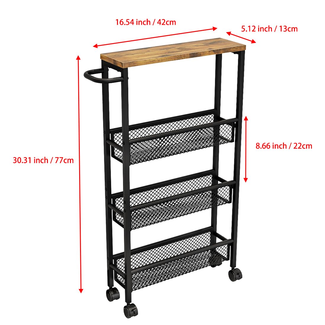 Slim Rolling Cart 4 Tier Narrow Storage Cart on Wheels with MDF Board Top and Metal Handle for Small Space Kitchen Living Room Home Office Pantry Bathroom Laundry Room(16.54×5.12×30.31 inch) AZERPIAN