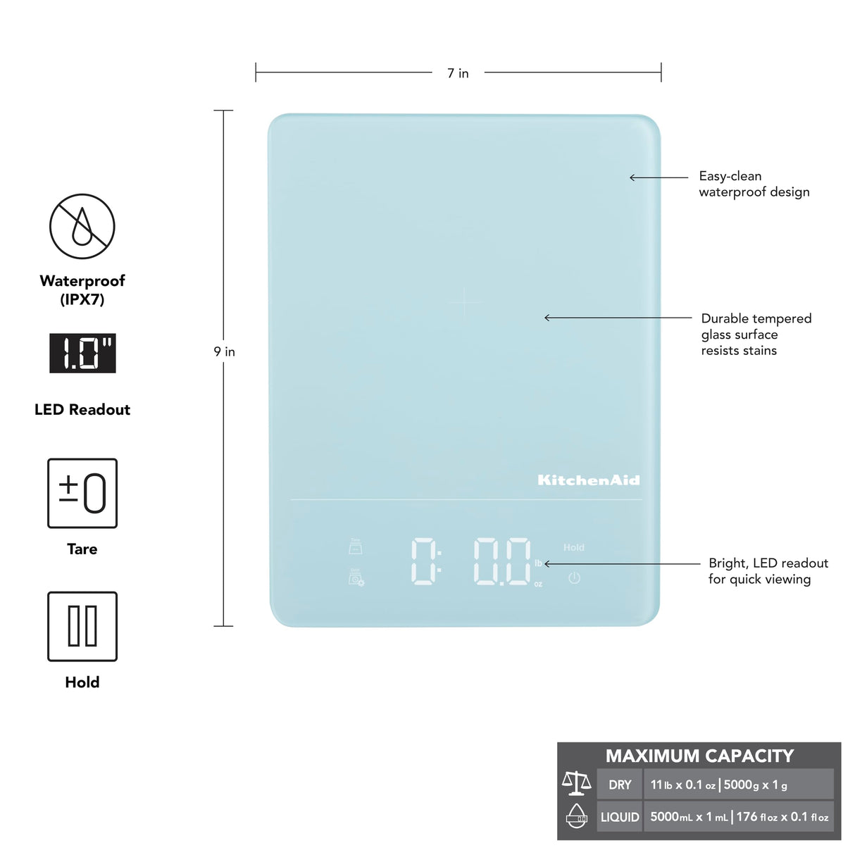KitchenAid KQ913MW Digital Waterproof (IPx7) Kitchen and Food Scale, LED readout, 11 Pound Max Capacity, Mineral Water KitchenAid