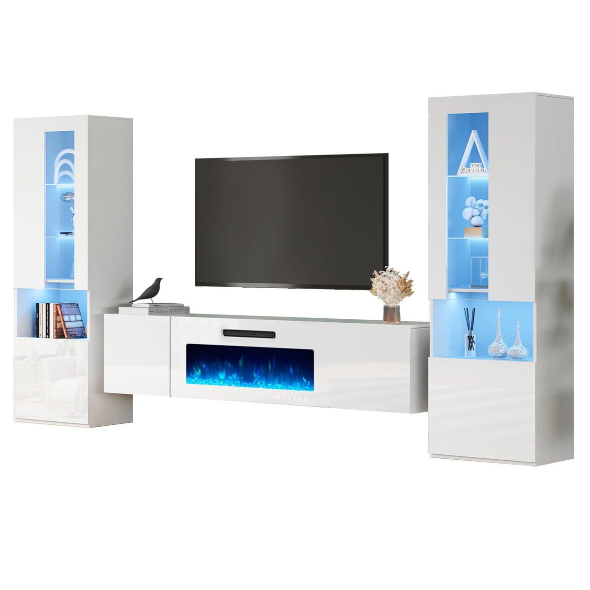 AMERLIFE High Gloss Living Room Entertainment Center with LED Lights, Including Floating Fireplace TV Stand with 40" Electric Fireplace & 2 Bookcases with Glass Doors, All White AMERLIFE