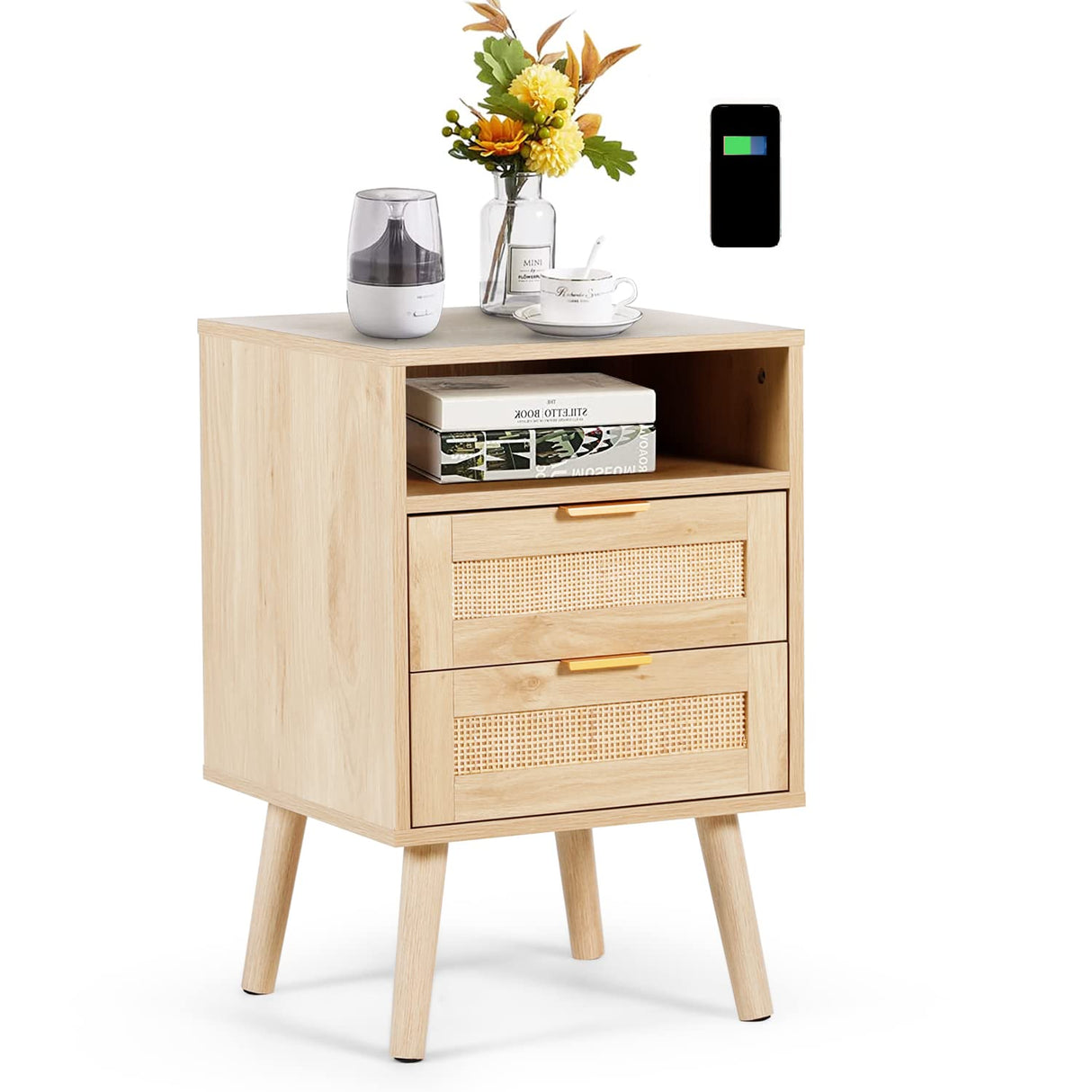 AILEEKISS Rattan Nightstand with Wireless Charging Station Modern Bedside Tables with Solid Wood Feet Rattan Night Stands with Drawers and Open Storage Shelf for Bedroom (Natural) AILEEKISS