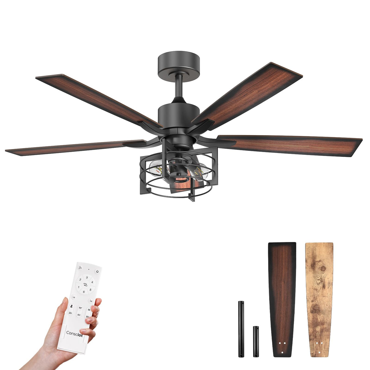 Consciot 52 Inch Ceiling Fan With Lights, Farmhouse Indoor Ceiling Fan With Remote, Quiet Reversible DC Motor, 5 Double Finish Wood Blades, Dimmable 2*E26 Bulbs(not included), Mela Model Consciot