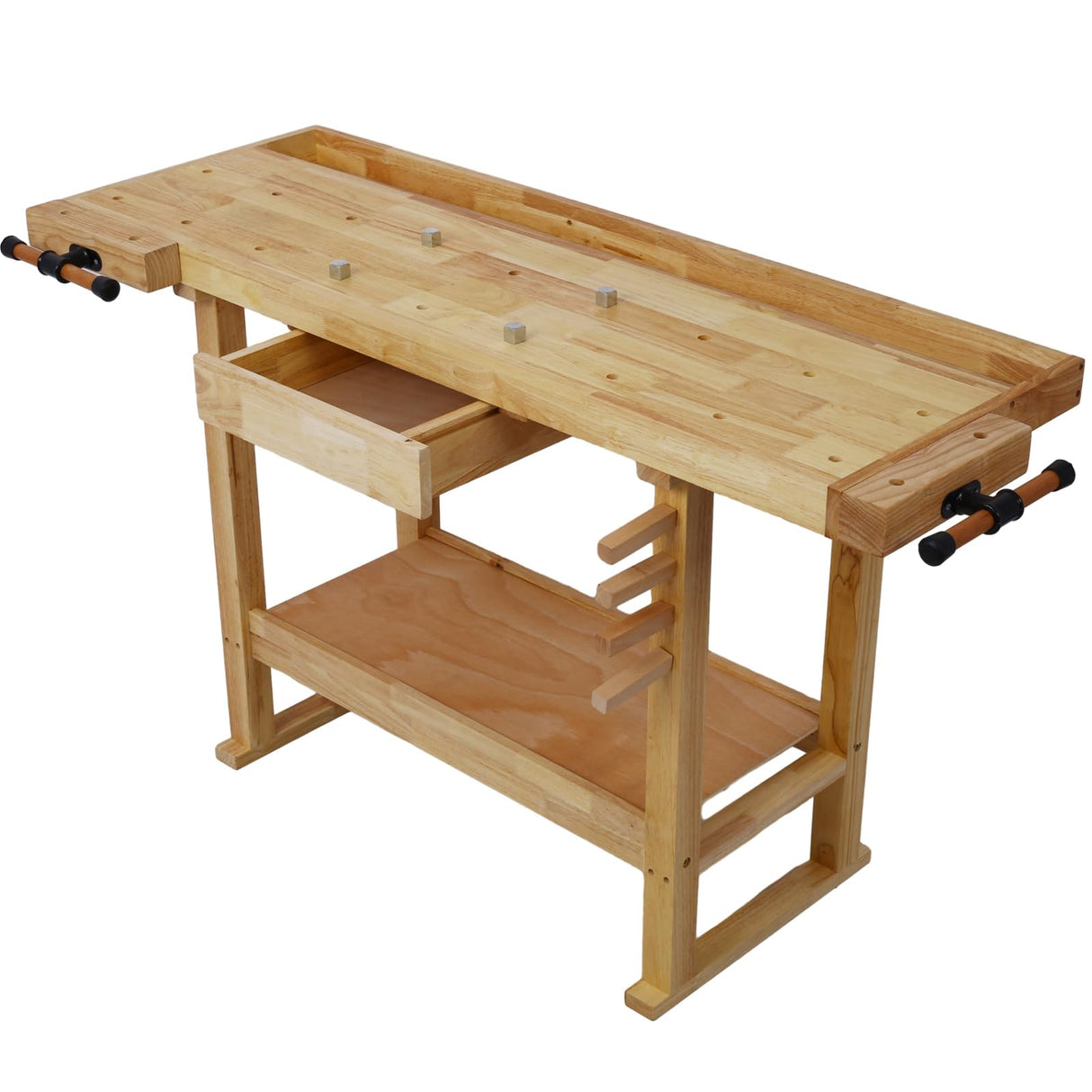 55" Rubberwood Workbench with Drawers and Vices, Heavy Duty Wooden Work Table for Garage, Workshop, Home, Office KUFUH