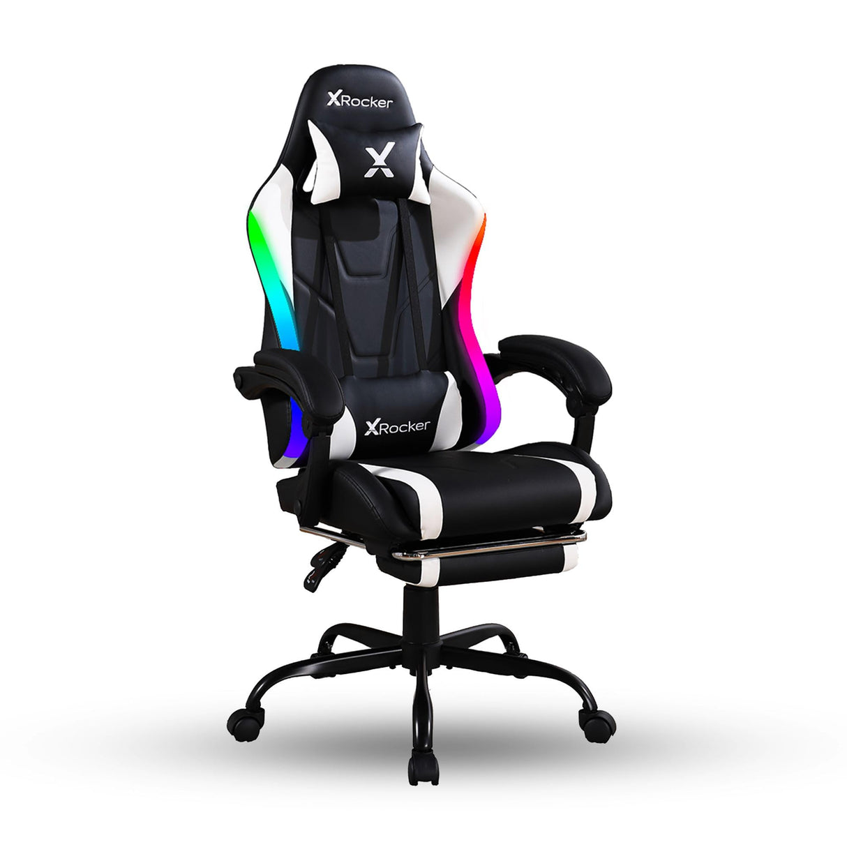 X Rocker Achiever PC Video Gaming Chair, RGB LED Lighting, Adjustable Ergonomic Office Desk Chair for Computer Gamers with Wheels, Black & White X Rocker