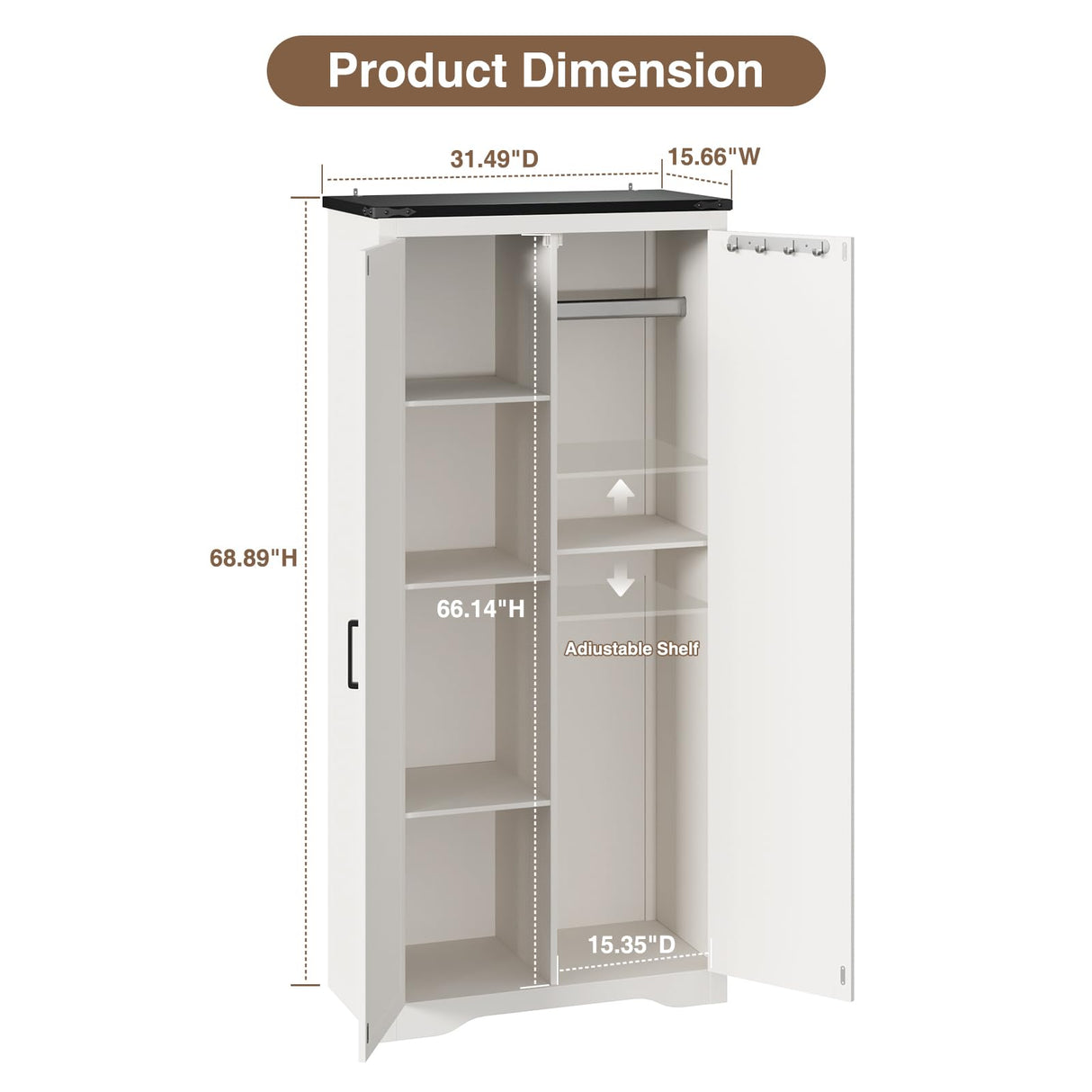 72''H Tall Kitchen Pantry with 2 Barn Doors, Farmhouse Storage Organizer with Adjustable Shelves, Tall Freestanding Cabinet for Kitchen, Dining/Living/Utility Room/Bathroom/Garage, White Vabches