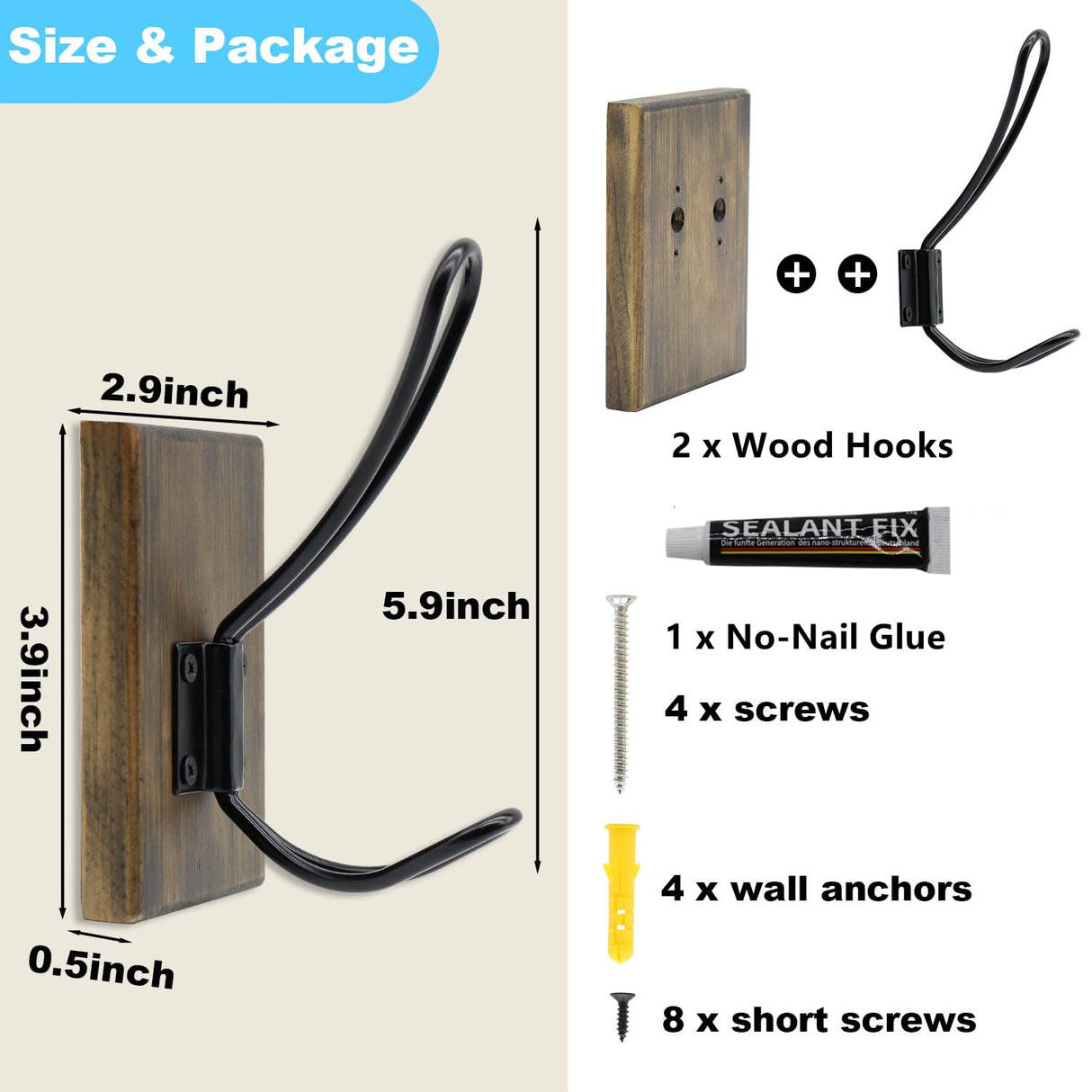 TEGUEPS Wall Hooks for Hanging,Coat Hooks,Hat Hangers for Wall,2 Pack Adhesive Towel Hooks for Bathroom,Wood Coat Rack for Robe Keys Backpack Purse(Weathered Brown) TEGUEPS