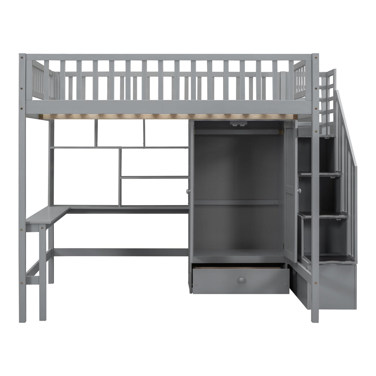 Full Loft Beds Stairway Loft Bed Frame with Wardrobe, Desk, Bookcase and Drawers, Gray Merax