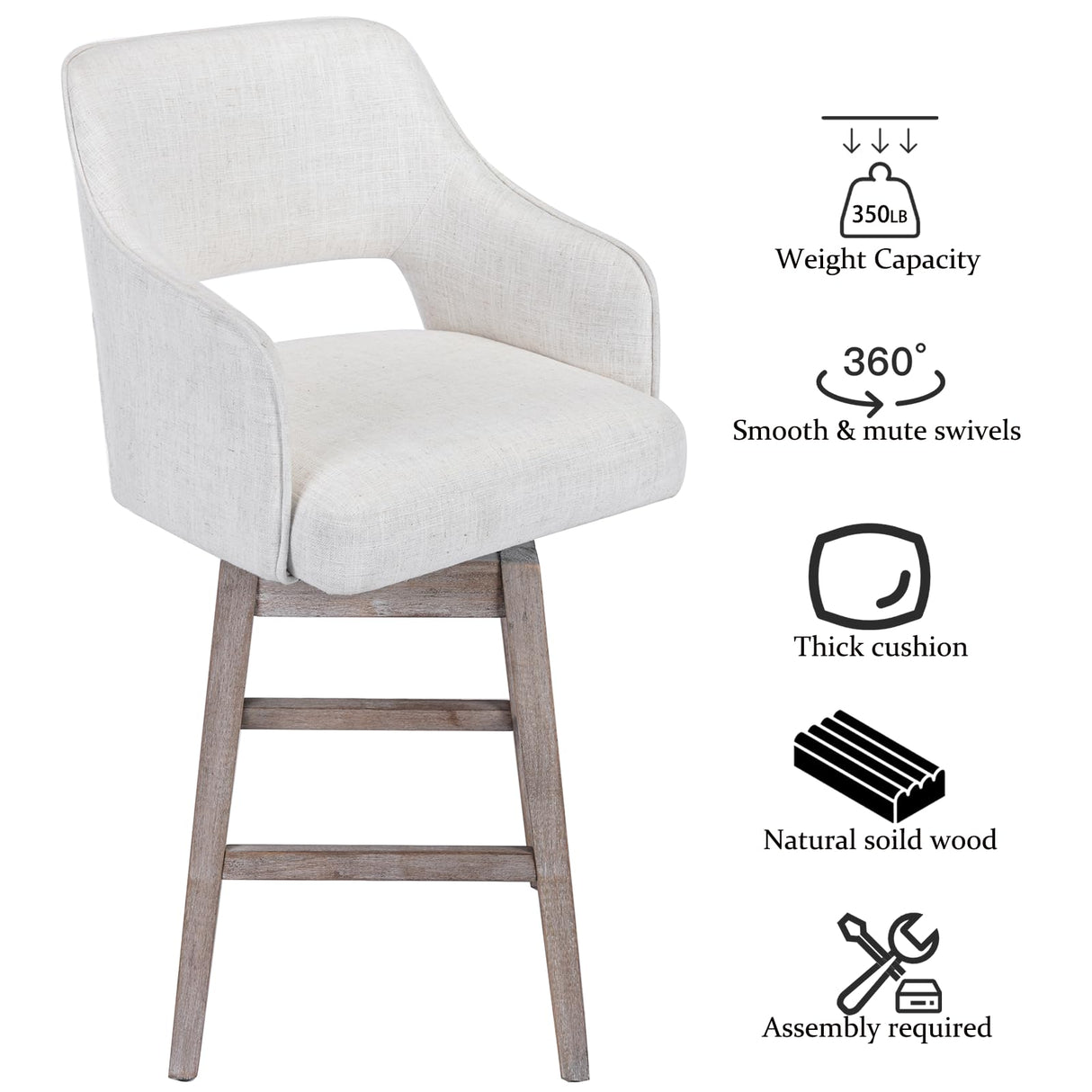 Kmax 28" Fabric Counter Height Bar Stools Swivel Farmhouse Bar Stools with Wood Legs Open Back Footrest for Kitchen Island, Set of 2- Cream Kmax