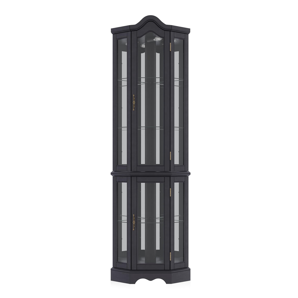 BELLEZE Lighted 3-Side Glass Display Curio Cabinet w/Tempered Glass Doors and Shelves, Curved Wood Corner Cabinet with Bulb, Corner Storage Rack for Living Room and Kitchen (Black) BELLEZE