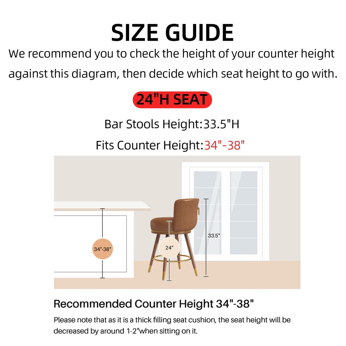 SeekFancy 24" Swivel Bar Stools Set of 2, Counter Height Bar Stools with Back, Leather Swivel Counter Stool with Wood Legs, Upholstered Pub Stools Brown Bar Chairs for Kitchen Island, 300lbs SeekFancy