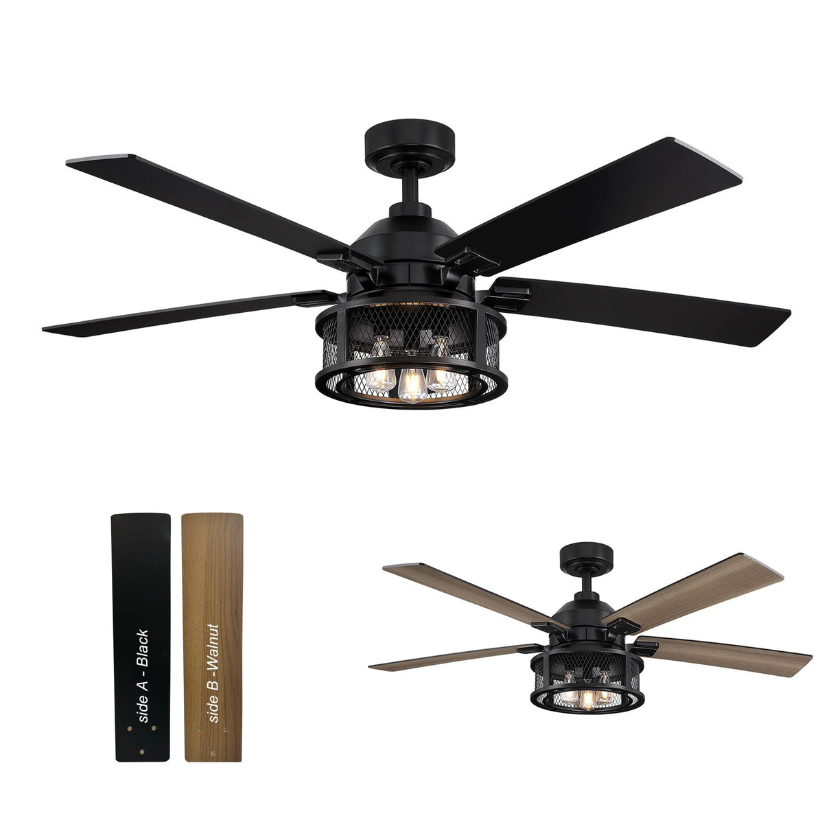 Ceiling Fans with Lights and Remote, 52 Inch Farmhouse Rustic Ceiling Fan for Bedroom Living Room, Black Outdoor Ceiling Fans with Caged Lights Chandelier, Reversible 5 Blades, Ventilador de Techo Parrot Uncle