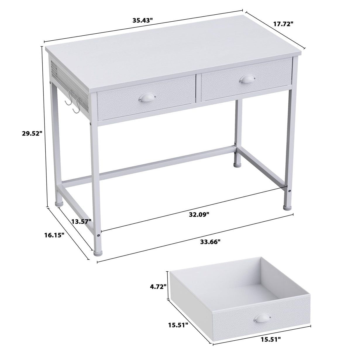 Furologee White Small Computer Desk with 2 Fabric Drawers, 36 Inch Simple Home Office Writing Desk, Vanity Desk with Hooks, Study Desk for Bedroom Small Spaces Furologee
