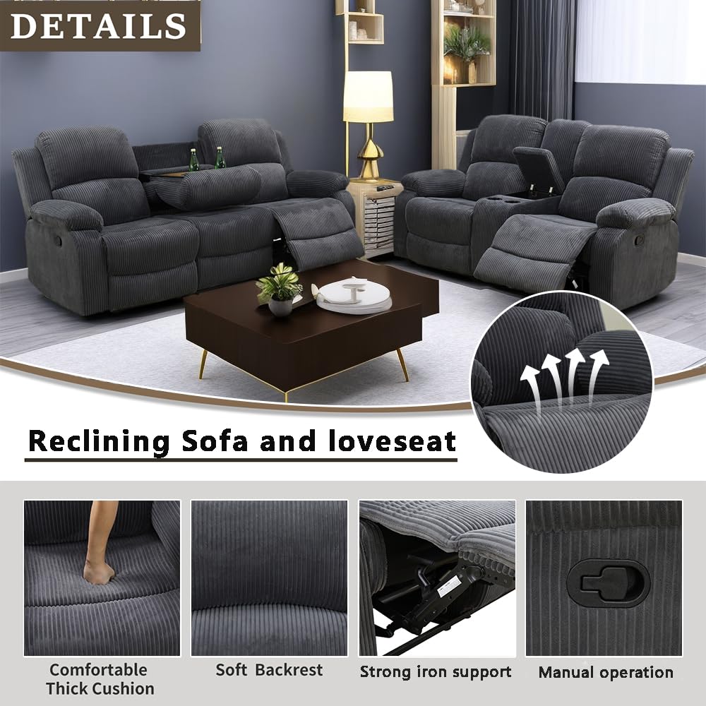 A Ainehome Living Room Furniture Set Grey Corduroy Recliner Sofa Set Loveseat Chair Furniture Sofa Set for Living Room/Rv/House/Office/Theater Seating (A-Dark Grey Corduroy, Sofa+Loveseat) A Ainehome