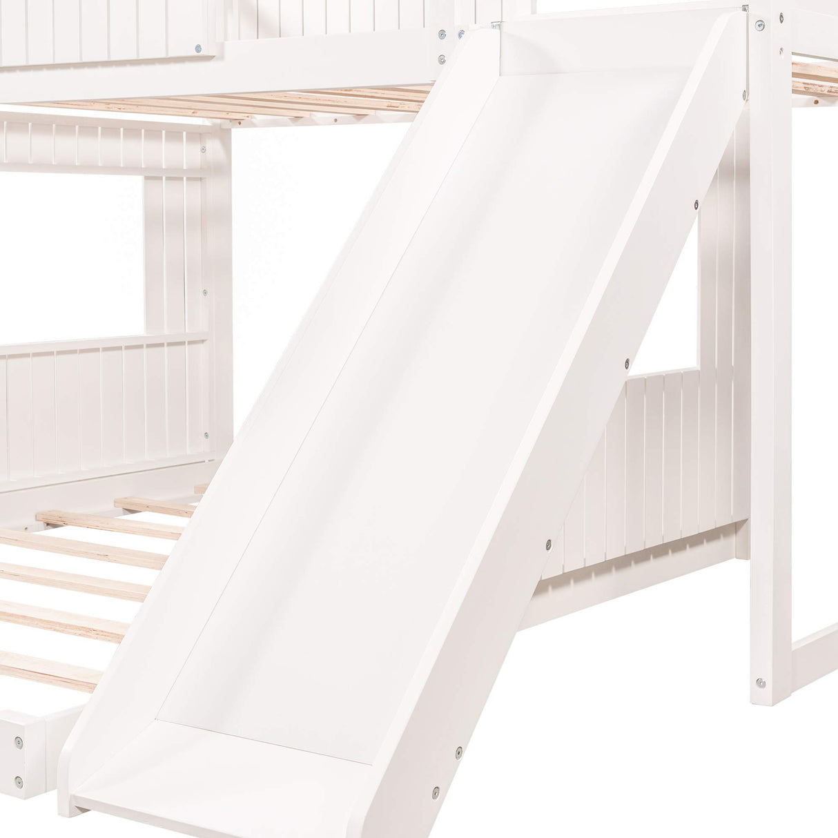 Merax White Twin over Full Bunk Bed with Slide, Safety Guardrails and House Design for Kids Merax
