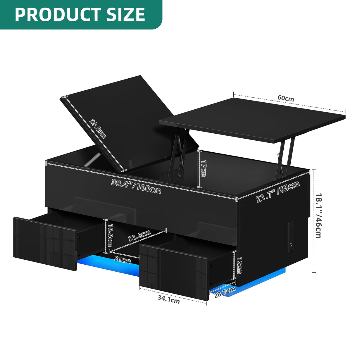 YITAHOME LED Lift Top Coffee Tables for Living Room with Power Outlets Charging Station, Modern Coffee Table with Storage 2 Drawers & Open Shelfs Rectangular Small Center Cocktail Table, Glossy Black YITAHOME