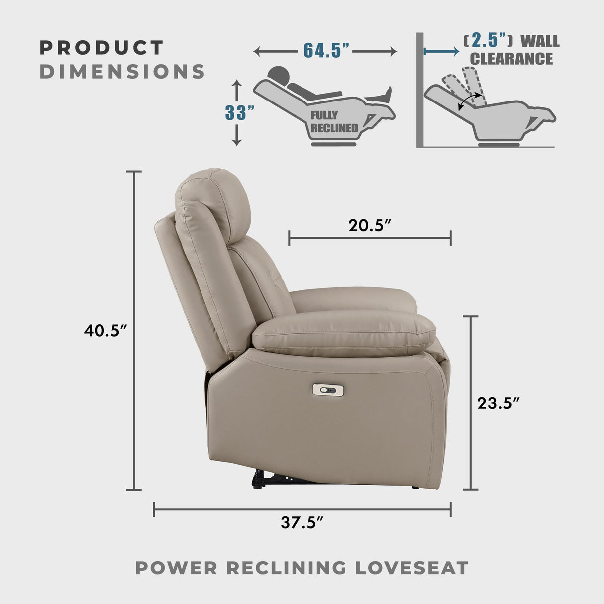 Lexicon Power Double Recliner Loveseat, Top Grain Leather Match Reclining Loveseat with Pillow Top Armrests, Home Theater Seating, Wall Hugger Recliner Love Seat with USB Port, 62.5" W, Latte Lexicon