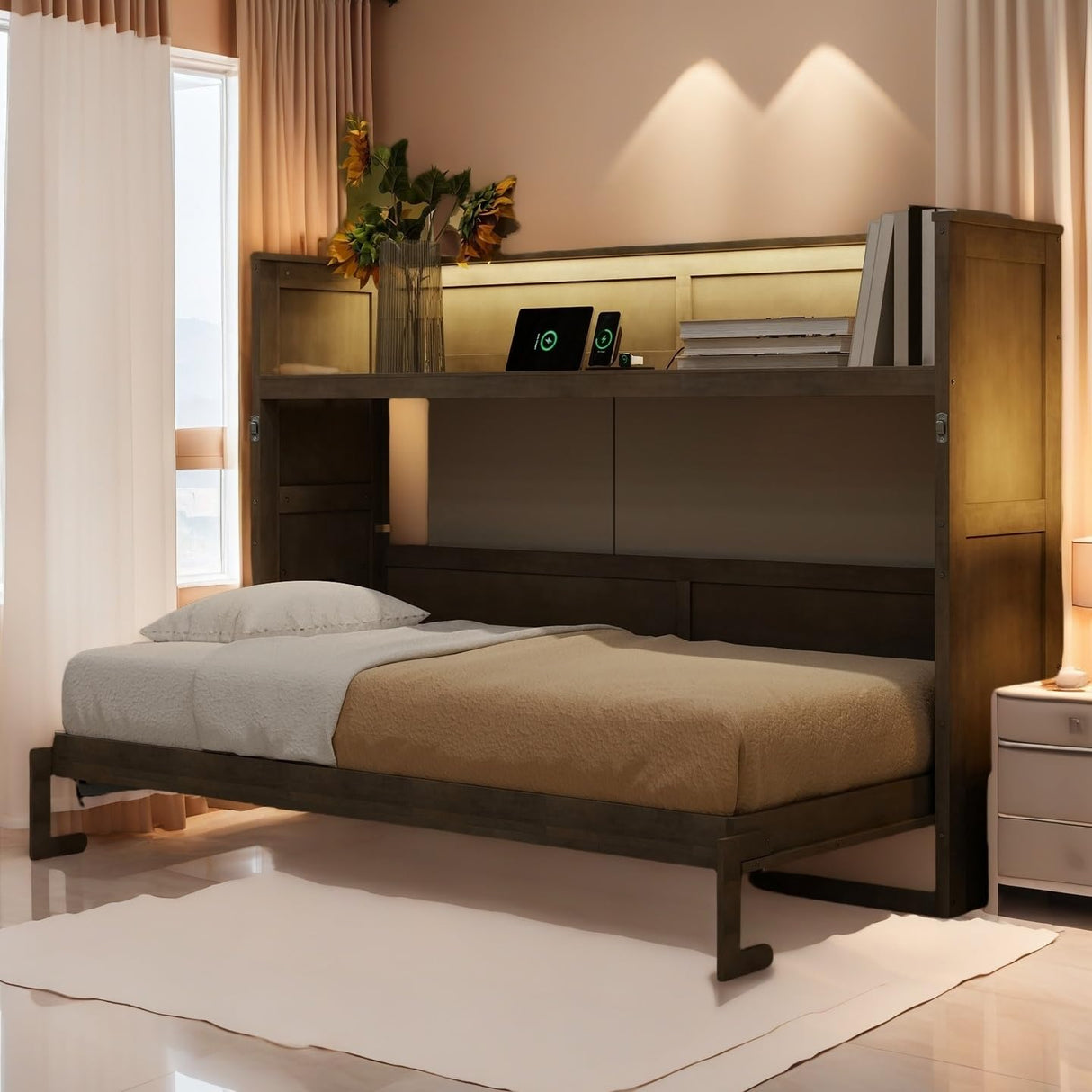 LUMISOL Twin XL Size Horizontal Murphy Bed, Murphy Bed with Desk, LED Light and USB Charging Station, Space-Saving Cabinet Bed, Gray Wash LUMISOL