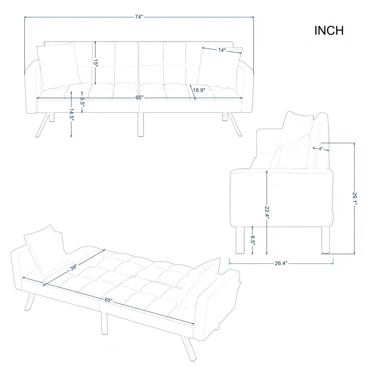Modern Velvet Futon Sofa Bed,Convertible Sleeper Loveseat with 4 Folding Backrest,78" Comfy Deep Seat Cloud Couch Bed for Living Room Apartment Office (Light Grey) Majnesvon