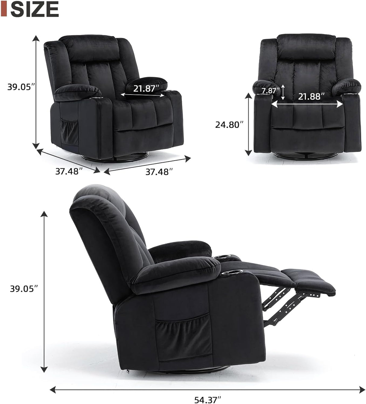 COMHOMA Recliner Chair,360° Swivel Rocker Glider Recliners with Cup Holders, Upholstered Fabric Rocking Chair for Adults,Manual Reclining Single Sofa for Living Room,Black COMHOMA