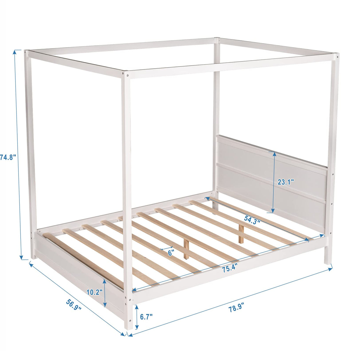 TMEOSK Modern White Full Size Wooden Canopy Bed Frame with Headboard and Sturdy Slat Support TMEOSK