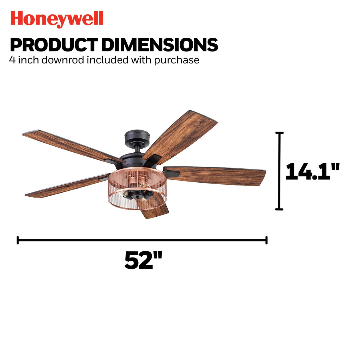 Honeywell Ceiling Fans Carnegie Industrial 52 Inch Ceiling Fan with Light, Remote Control Fan, LED Indoor Fan with 5 Blades, Black Oak and Brown Mopane Blade Finish Options, Copper (51459-01) Honeywell