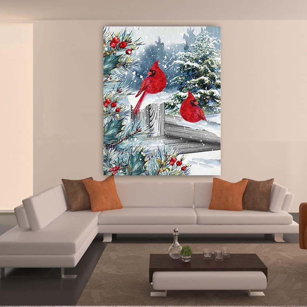 BOHADIY Winter Cardinal Christmas Diamond Art Painting Kits for Adults - Full Drill Diamond Art Paintings for Beginners, Round 5D Paint with Diamonds Gem Art Painting Kits DIY Adult Crafts 12x16inch BOHADIY