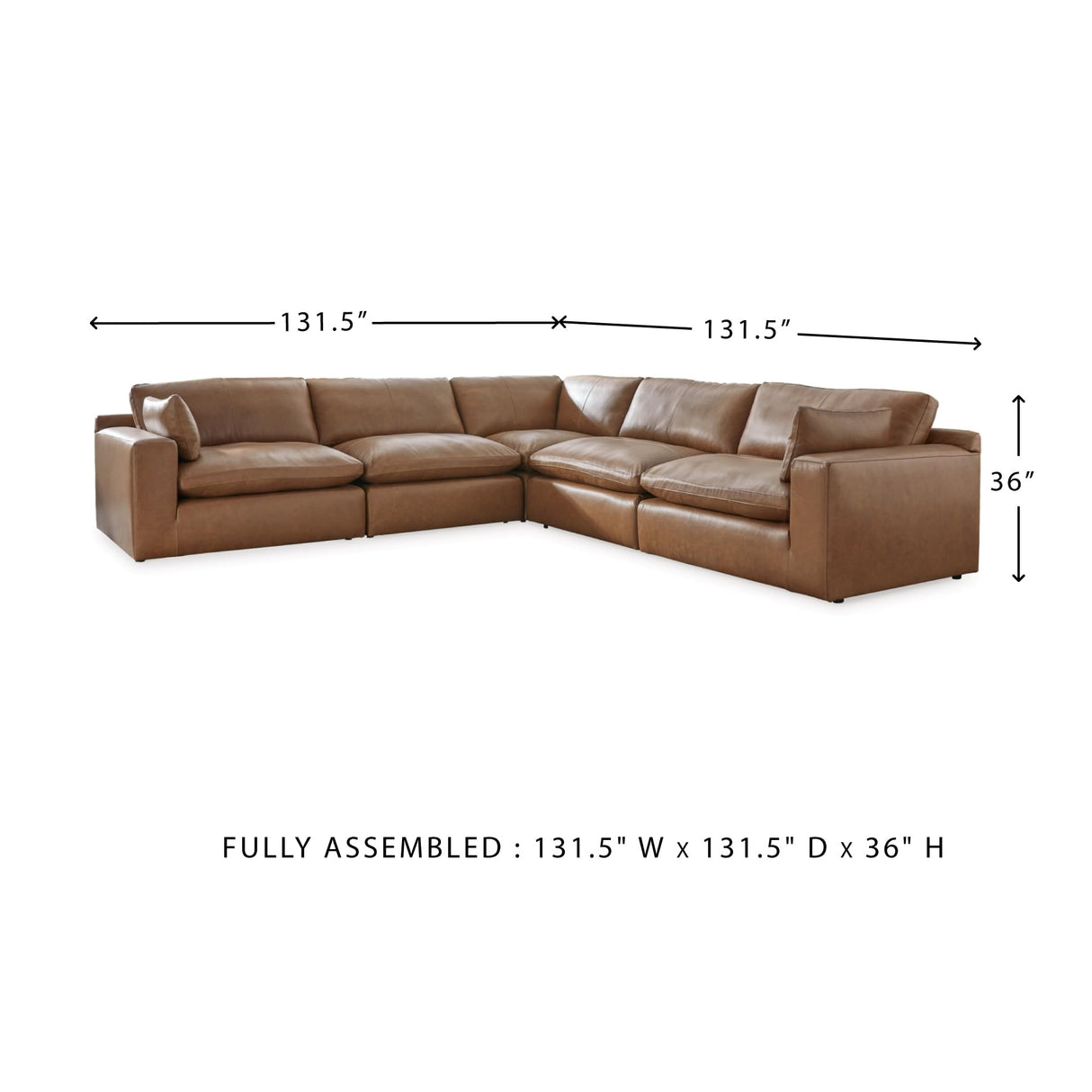 Signature Design by Ashley Emilia Modern Modular Leather Match 5-Piece Sectional with Loose Back Cushions and 2 Bolster Pillows, Light Brown Signature Design by Ashley