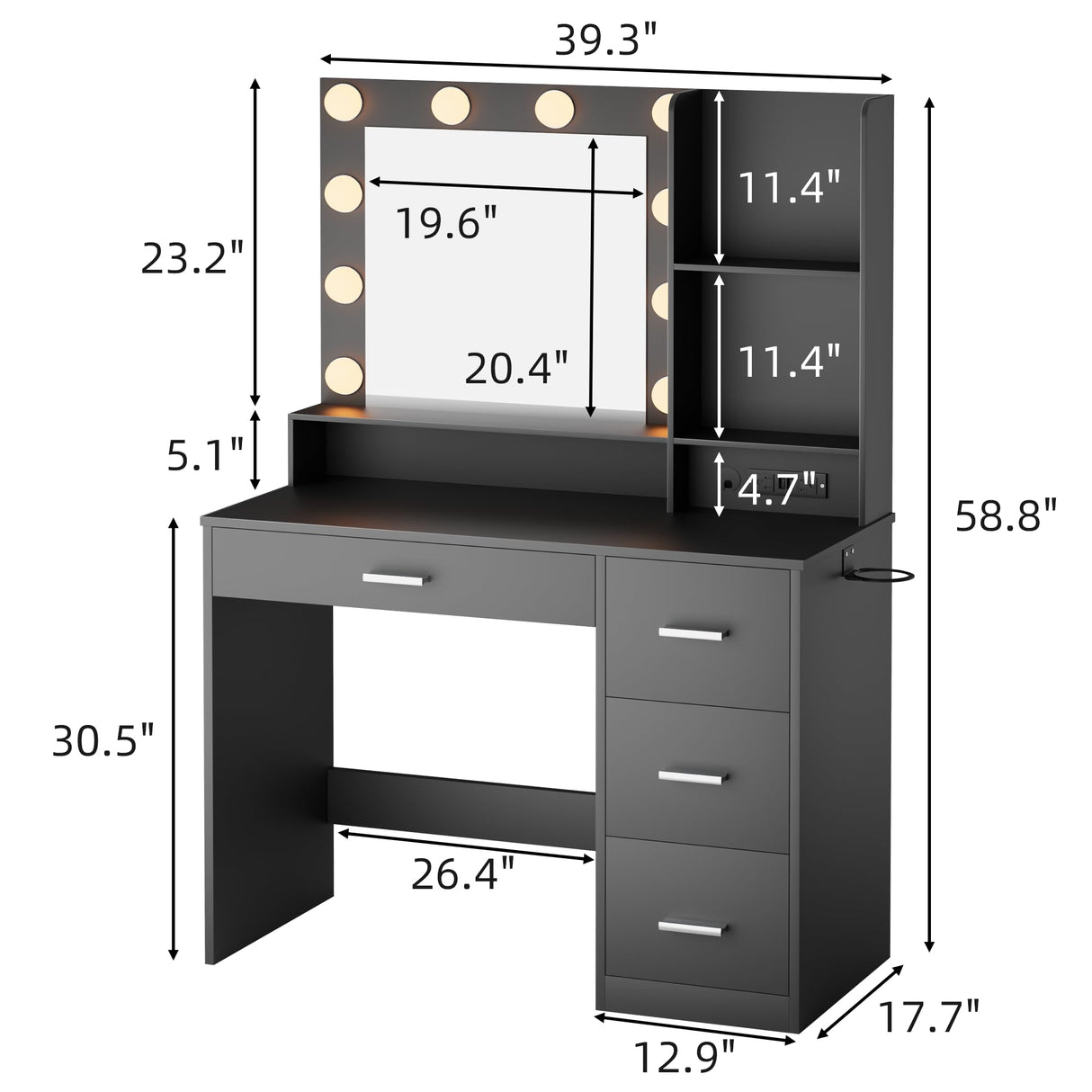 JUMMICO 39.3'' Vanity Desk with LED Lighted Mirror &Power Outlet, Makeup Vanity Table with 4 Large Drawers and 3 Storage Shelves, 3 Model Adjustable Lights for Bedroom & Dressing Room(Black) JUMMICO