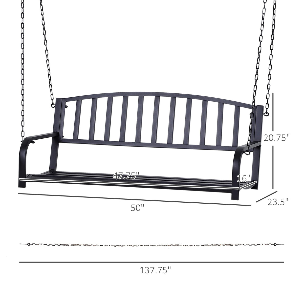 Outsunny 2 Person Front Porch Swing Patio Swing Bench, Outdoor Steel Swing Chair with Sturdy Chains, for Backyard, Deck, 528 lb Weight Capacity, Black Outsunny