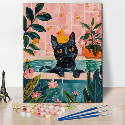 DIY Paint by Numbers for Adults Bathroom Cat DIY Acrylic Paint Kit Black Cat in a Pink Bathroom Easy Painting by Numbers Canvas for Decor Funny Bathing Animal Painting Kits on Canvas(40x50cm)