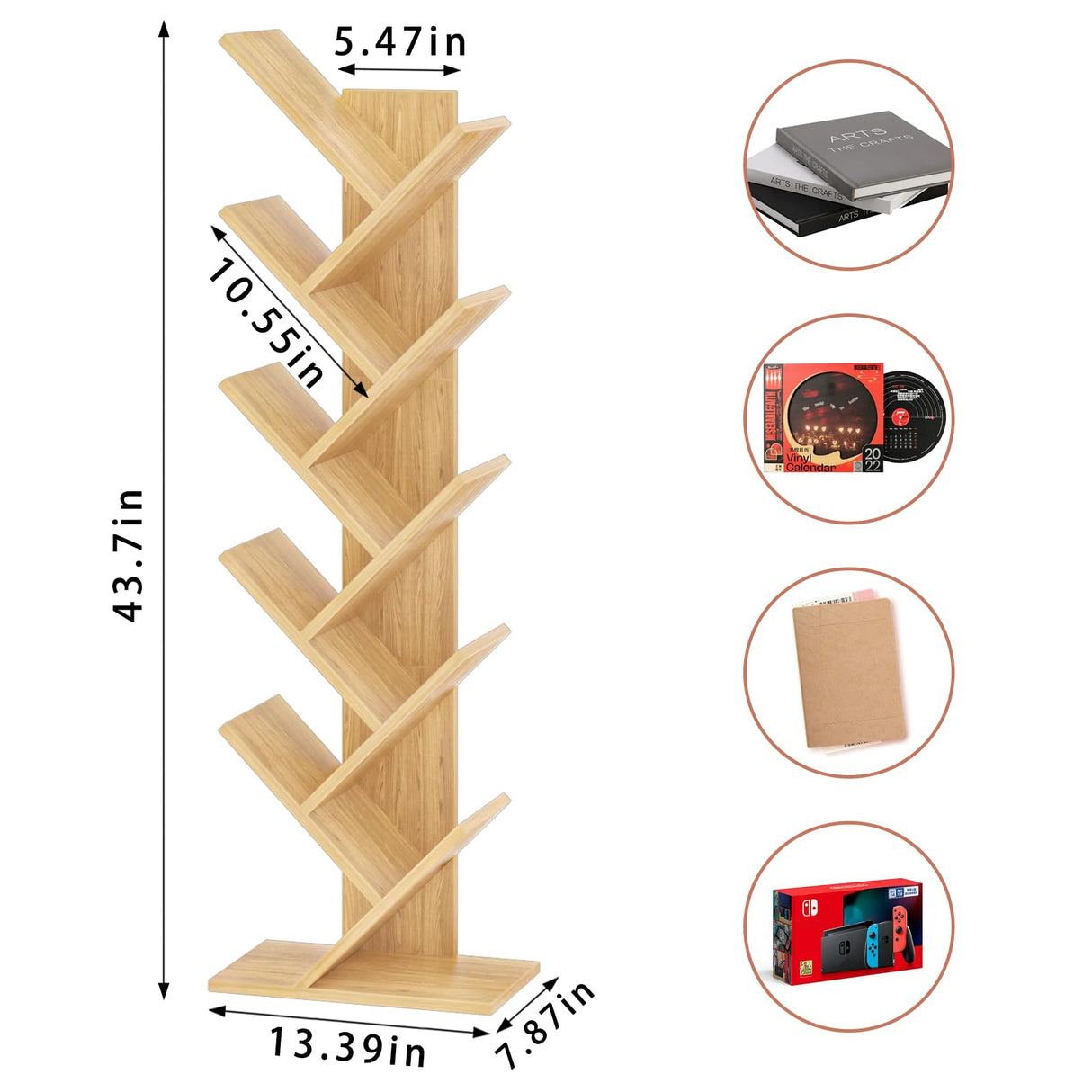 SHEEPAM 10 Tier Tree Book Shelf, Floor Standing Wood Bookshelf for Narrow Space, Storage Organizer Bookshelves for Books/CDs/Magazine, Bookcase with Shelves for Home Office, Living Room - Natural SHEEPAM