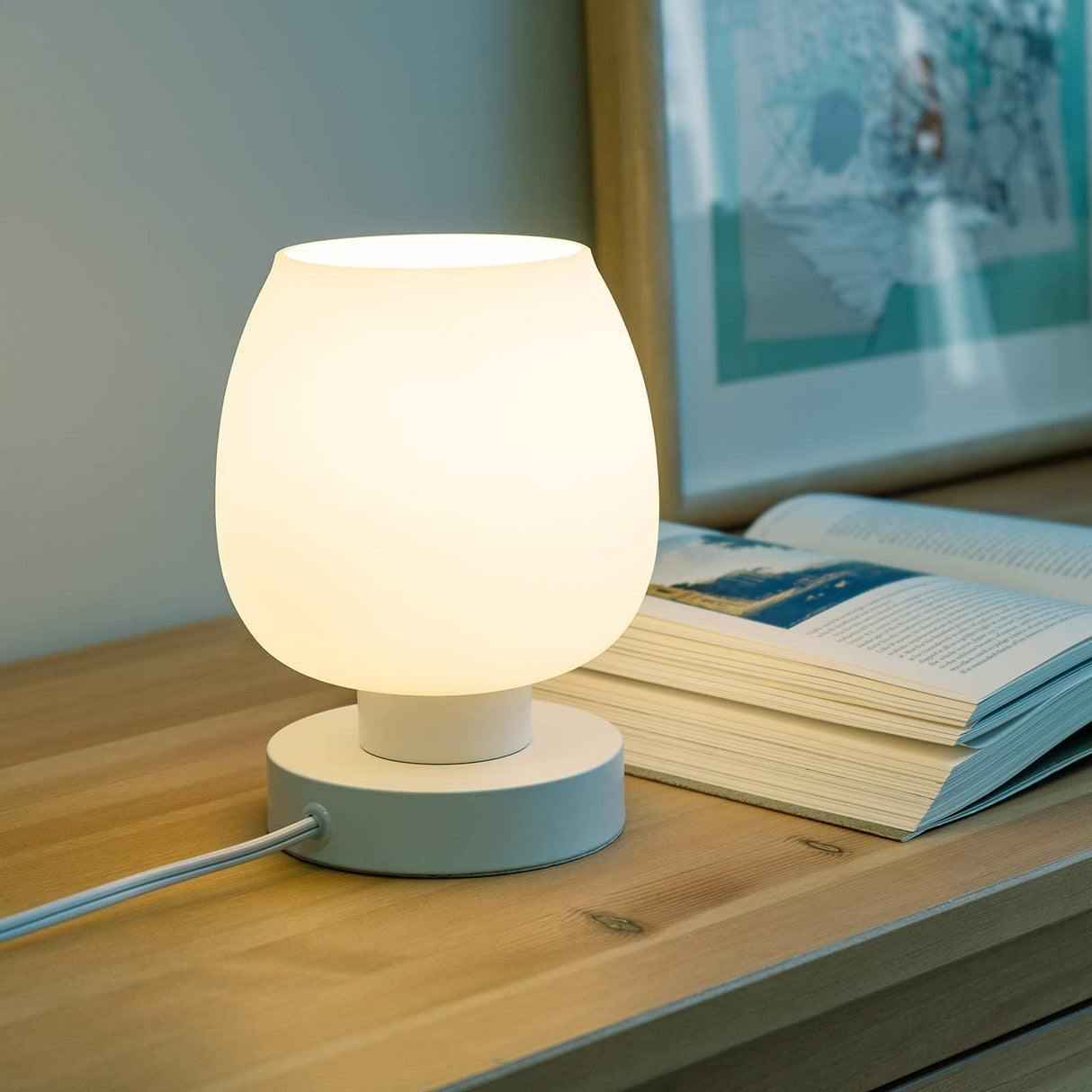 Touch Bedside Table Lamp - Modern Small Lamp for Bedroom Living Room Nightstand, Desk lamp with White Opal Glass Lamp Shade, Warm LED Bulb, 3 Way Dimmable, Simple Design Mother's Day Gifts ONEWISH