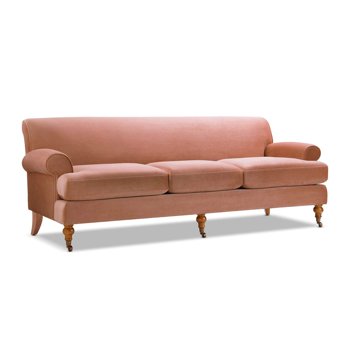 Alana Lawson Three-Cushion Tightback Sofa - Peach Orange Velvet - Luxurious Medium-Firm Feel SNug Family Couch WoodArtSupply
