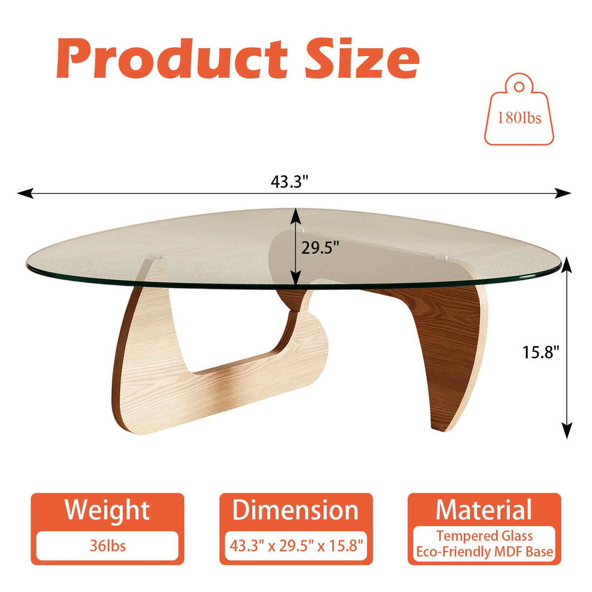 Miloyer Modern Coffee Table for Living Room and Small Spaces, 43.3" x 29.5" x 15.8" Triangle Tempered Glass Table Top and Eco-Friendly MDF Base, Natural Wood Miloyer