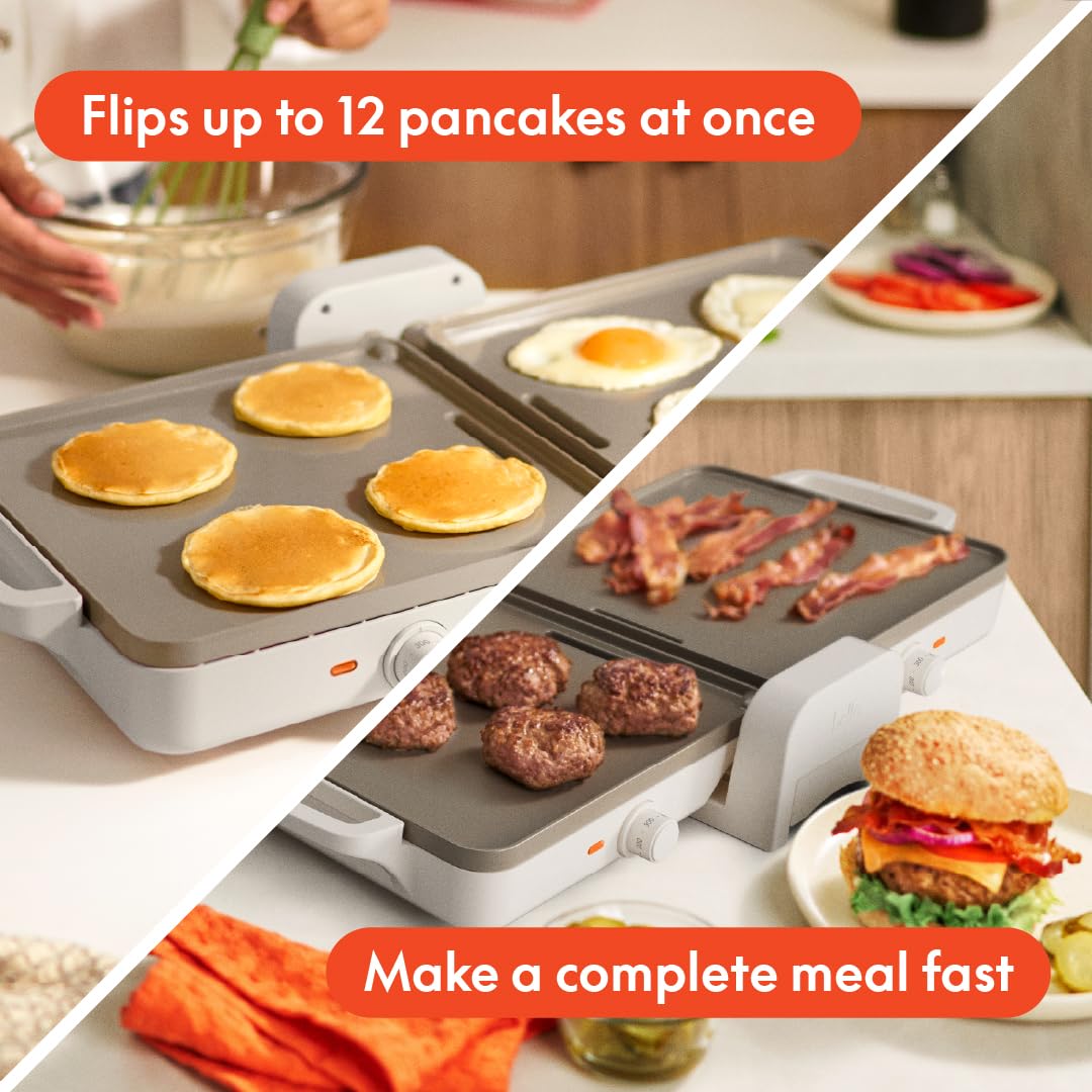 Bella 10"x 20" Ceramic Fold-n-Store Dual Temp Griddle, Fits-anywhere Kitchenware, EverGood Ceramic Nonstick Coating, 2 Temperature Zones up to 400°F, Dishwasher Safe Drip Tray, 1500 Watt, Oatmilk BELLA