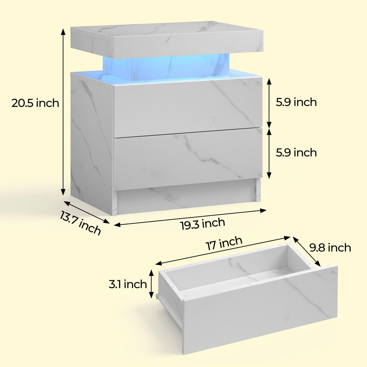 Bingoday Bedside Table with 2 Drawers, LED Nightstand Wooden Cabinet Unit with LED Lights for Bedroom, End Table Side Table for Bedroom Living Room Bingoday