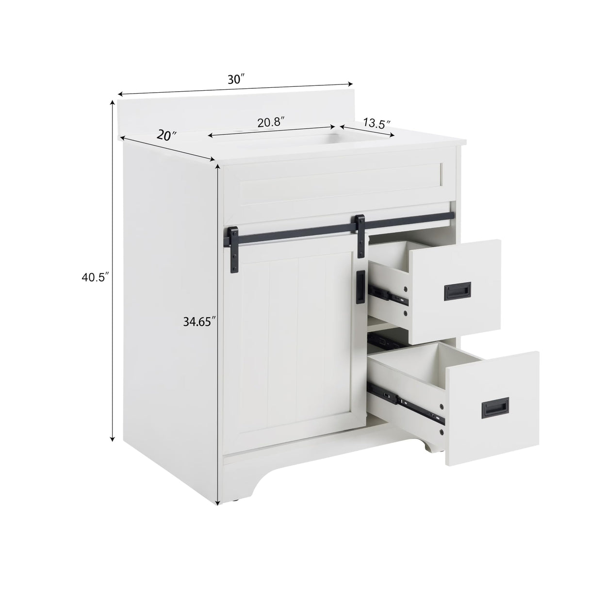 Furrnook Farmhouse Bathroom Vanity with Single Undermount Sink, Sliding Barn Doors, 2 Drawers & Ample Storage | Durable Engineered Stone Countertop | Freestanding Cabinet (30 inch) Furrnook