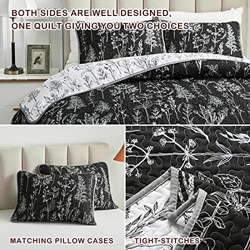 Joyreap 2 Pieces Quilt Set Twin, Black n White Rversible Botanical Design, Smooth Soft Microfiber Quilt, Bedspread Bed Cover for All Season, 1 Quilt and 1 Pillow Sham- 68x86 inches Joyreap