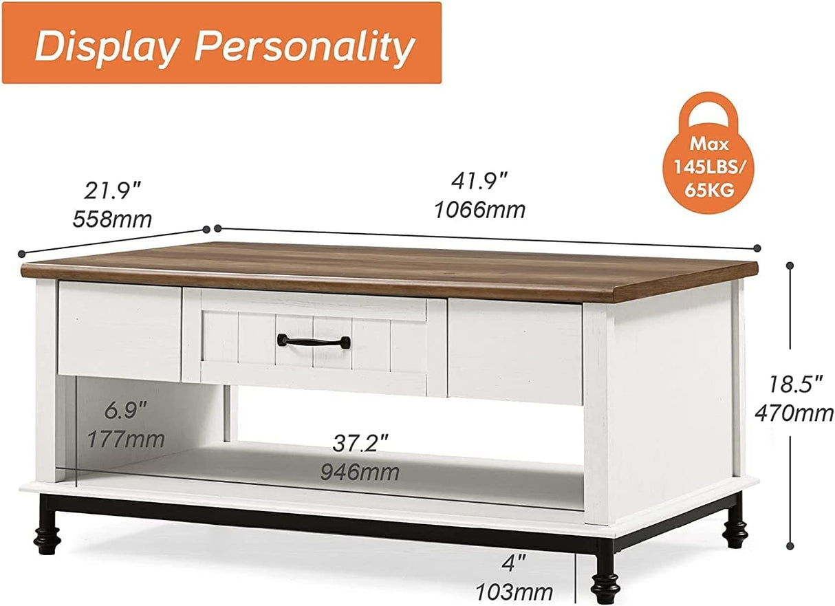 WAMPAT Farmhouse Coffee Table, with Yellow LED Lights, Large Rectangle Center Table with 1 Drawers and Open Storage Shelf for Living Room, 42", White/Oak, WAMPAT