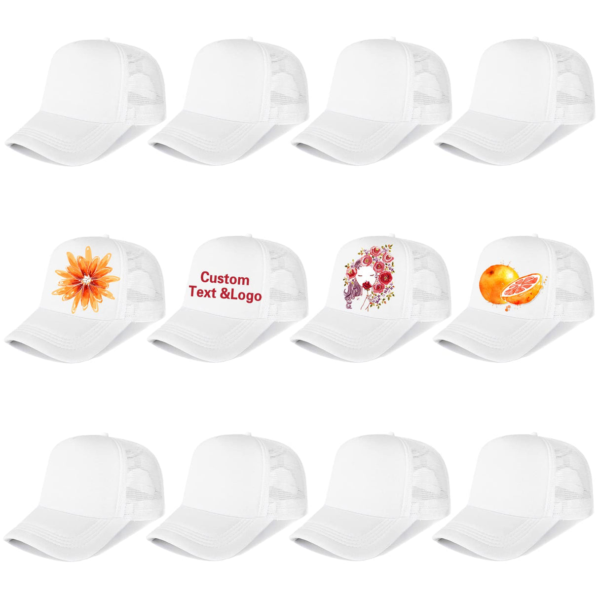 Ultrafun 12 Pack Trucker Hat Summer Mesh Sublimation Blank Hats Adjustable Snapback Baseball Hats for Men Women (12Pack-White) Ultrafun